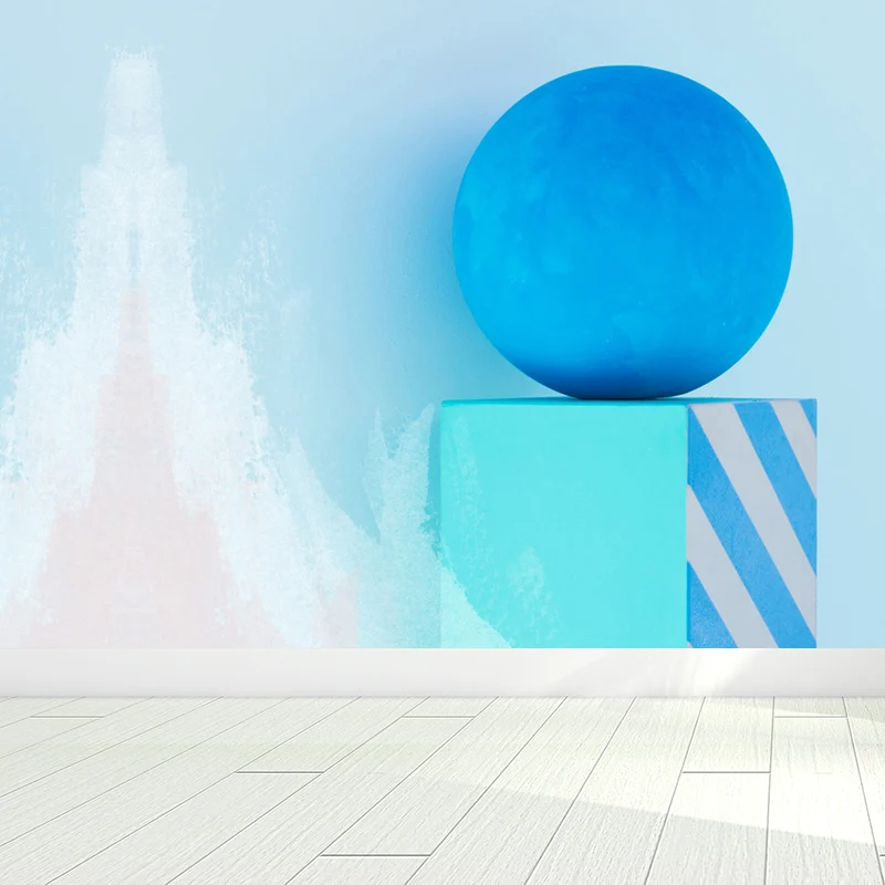 Strippable Creatief bol- en kubusvormig muurschilderingbehang Blauwe driedimensionale ruimtewandbekleding