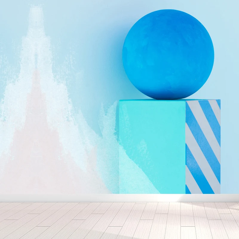 Strippable Creatief bol- en kubusvormig muurschilderingbehang Blauwe driedimensionale ruimtewandbekleding