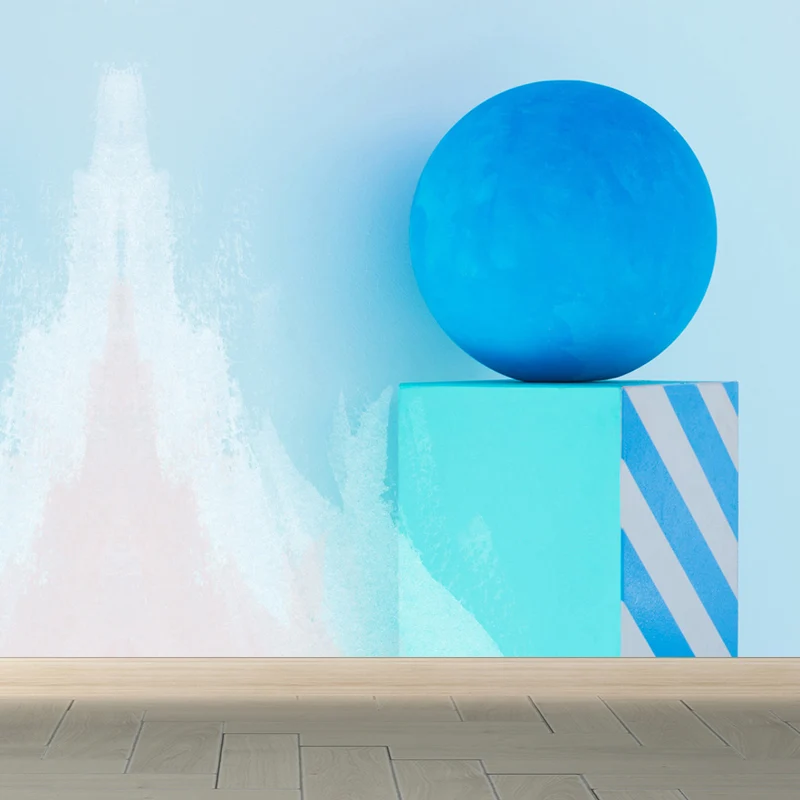 Strippable Creatief bol- en kubusvormig muurschilderingbehang Blauwe driedimensionale ruimtewandbekleding