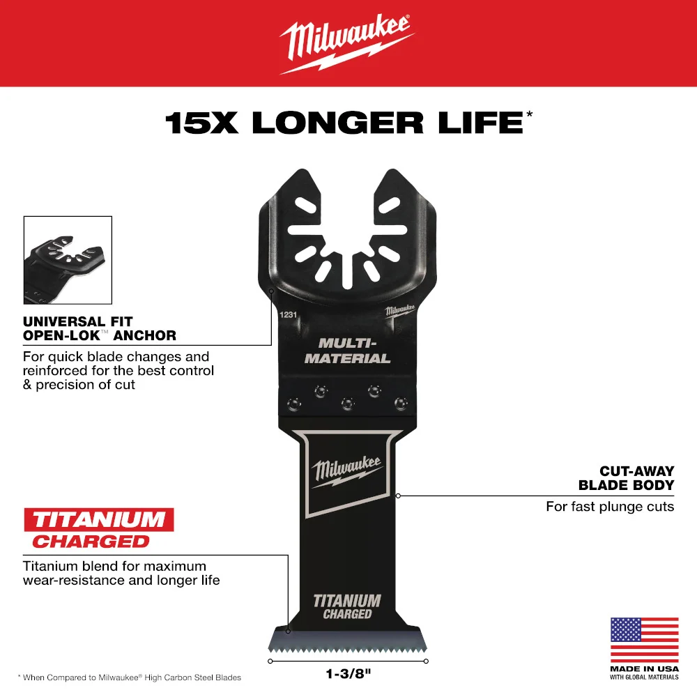 MILWAUKEE 1-3/8" Universal Fit OPEN-LOK™ TITAANLEGERING CHARGED™ Bi-Metal Multi-Material Blades
