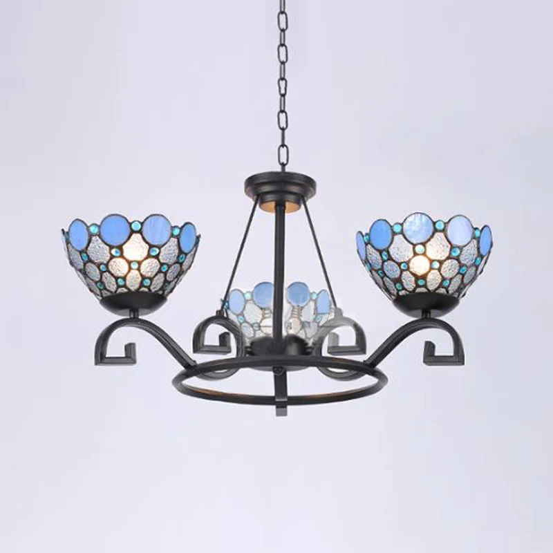 Koepel hangende kroonluchter 3/6/8 lichten blauw/blauw en stralend glas barok plafondhanger voor woonkamer, 25"/29"/36,5" W
