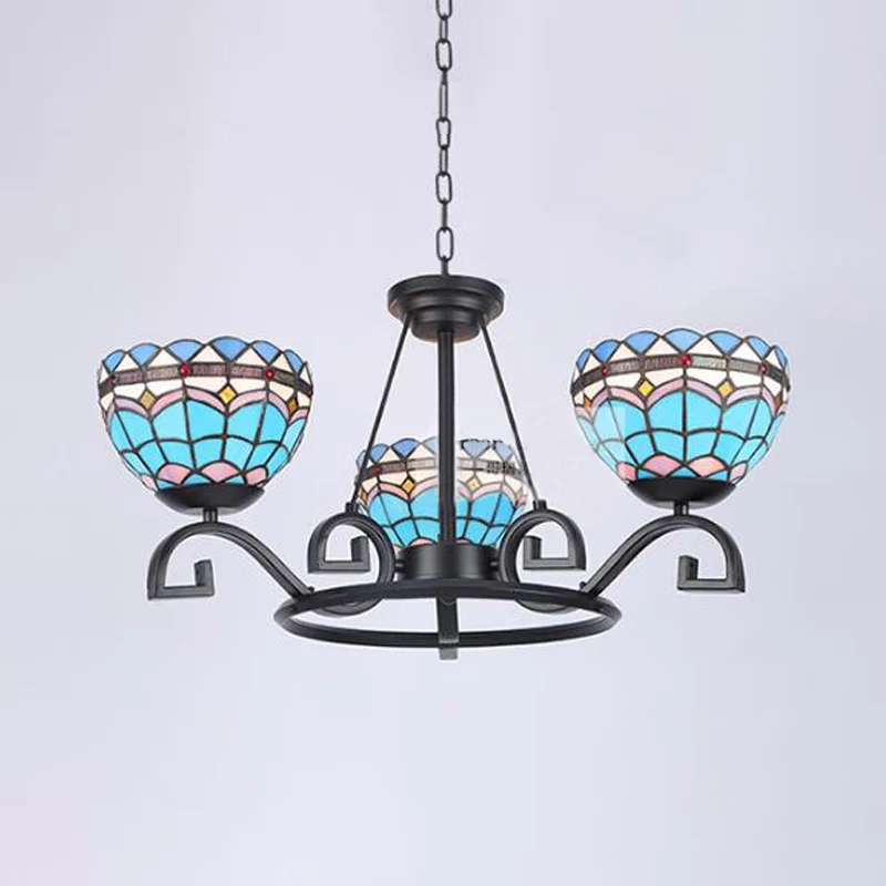 Koepel hangende kroonluchter 3/6/8 lichten blauw/blauw en stralend glas barok plafondhanger voor woonkamer, 25"/29"/36,5" W