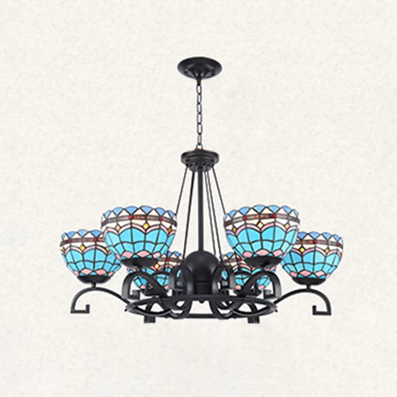Koepel hangende kroonluchter 3/6/8 lichten blauw/blauw en stralend glas barok plafondhanger voor woonkamer, 25"/29"/36,5" W