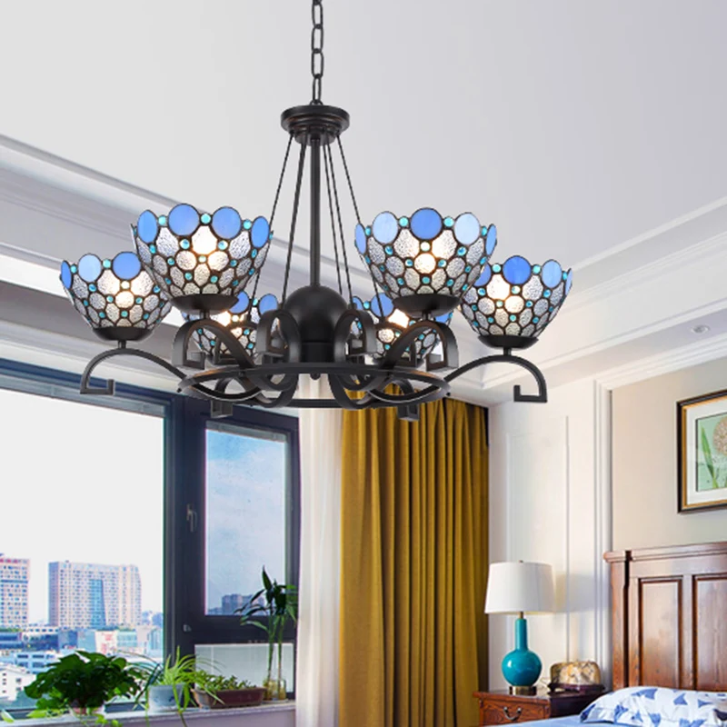 Koepel hangende kroonluchter 3/6/8 lichten blauw/blauw en stralend glas barok plafondhanger voor woonkamer, 25"/29"/36,5" W