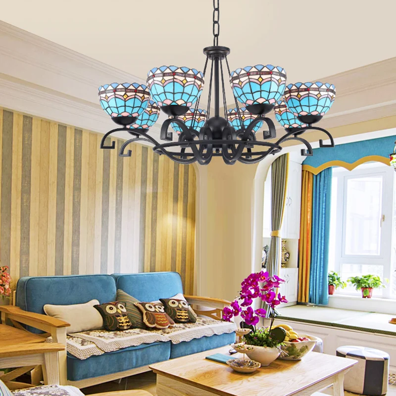 Koepel hangende kroonluchter 3/6/8 lichten blauw/blauw en stralend glas barok plafondhanger voor woonkamer, 25"/29"/36,5" W