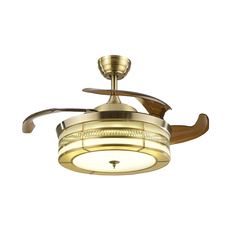 LED-plafondventilator van metaal, ouderwets stijl, goud, cirkelvormig, woonkamer, semi-inbouw, afstandsbediening/afstandsb...