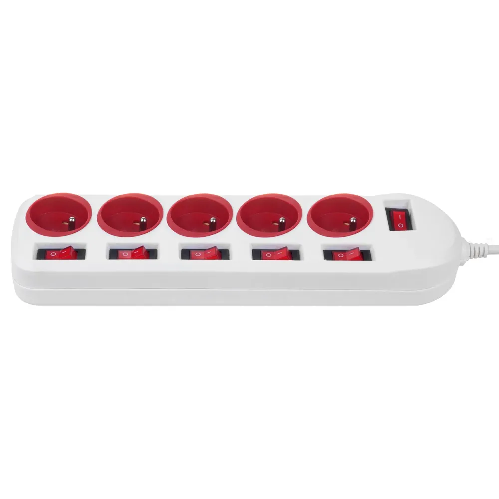 Maclean stekkerdoos, verlengkabel met 5 stopcontacten, met schakelaars, 250VAC/10A, 1,5m, MCE204 R/W | VDE-goedgekeurd