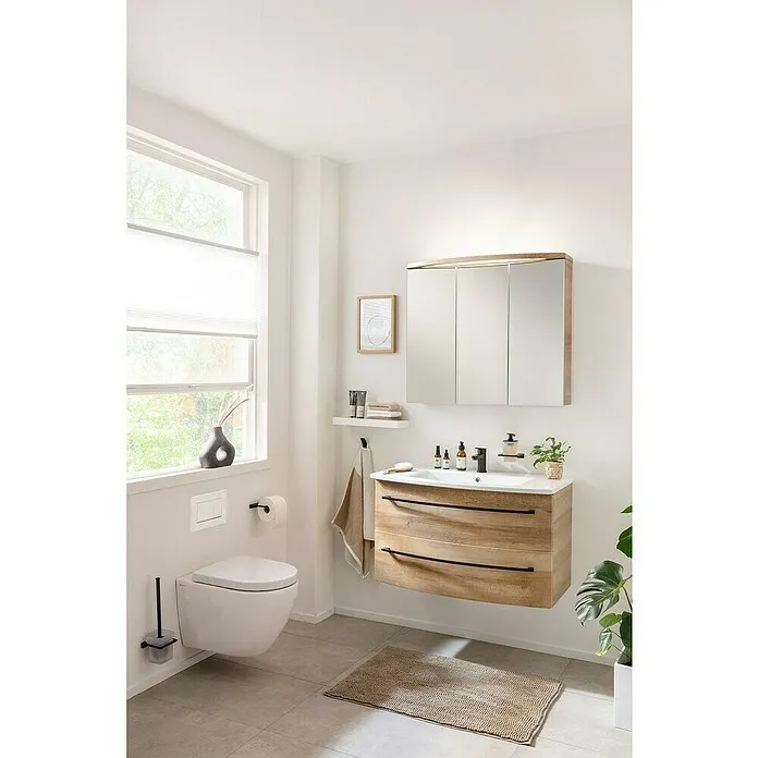 Wandmontage Camargue Swing K Led-spiegelkast - b x h: 90 x 70,2 cm, Met verlichting, Hout, Bergeik