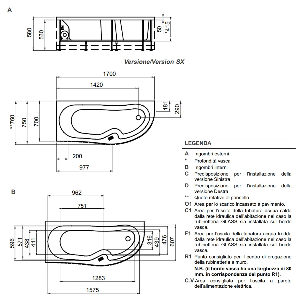 Asymmetric Curvy Bathtub kunststof glas and ABS cm 170x70 - Right Version