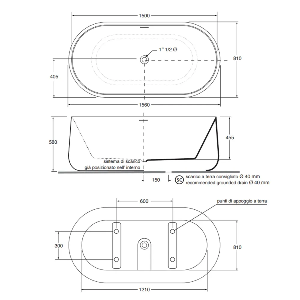 Azzurra bathtub Aurea series 155x80x58 cm - Glossy wit