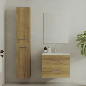 Hangend badkamermeubel met enkele wastafel en opbergzuil, helder naturel, KAYLA