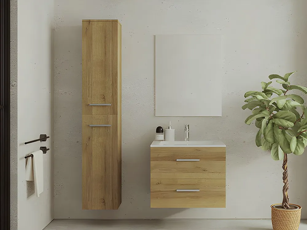 Hangend badkamermeubel met enkele wastafel en opbergzuil, helder naturel, KAYLA