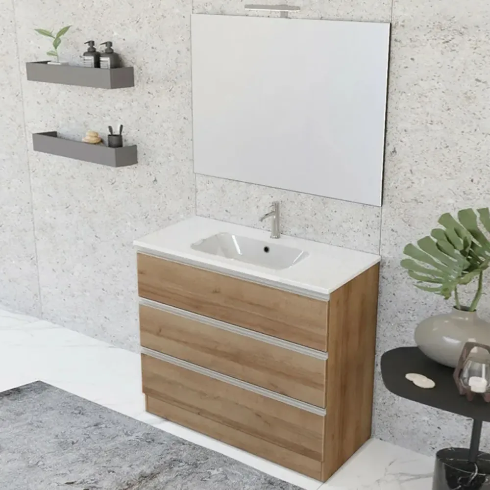Nexu suspended bathroom composition 3 drawers sink mirror LED lamp 100x90 cm - Eiken
