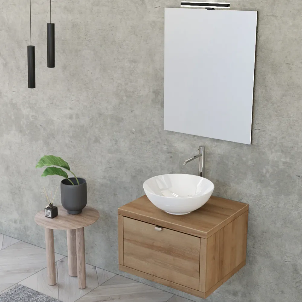 Nyumba suspended bathroom composition 1 drawer sink, mirror LED lamp 60x40 cm eiken wood