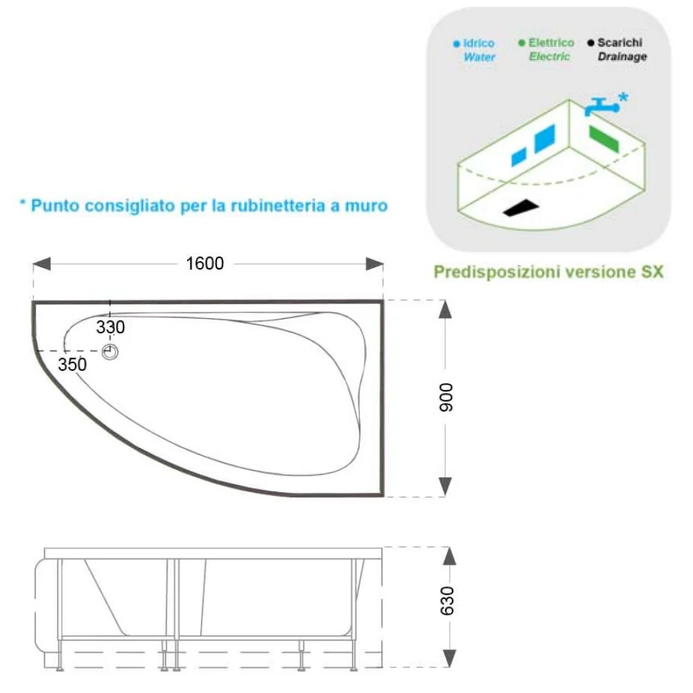 Asymmetric hydromassage bathtub Fatima chromotherapy cm 160x90 - Left version