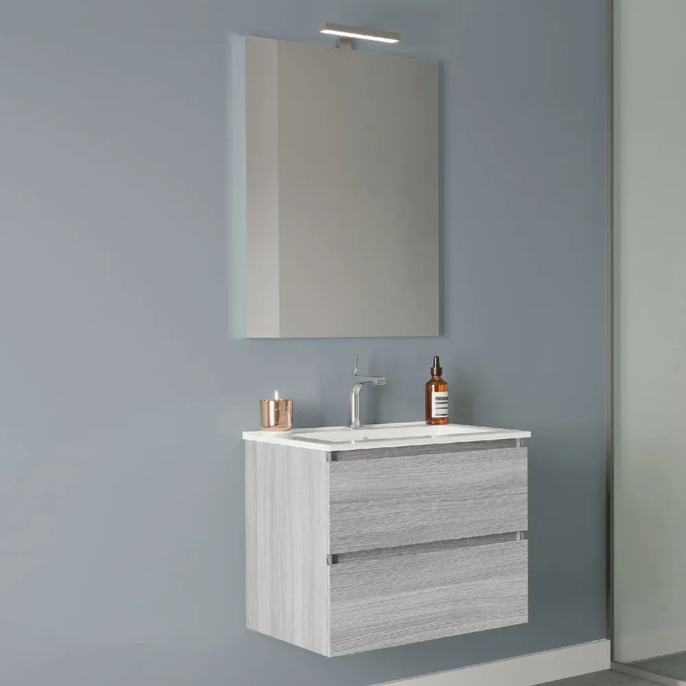 Bathroom cabinet ceramic sink, mirror, and lamp 60 cm, Asgrijs Oak color - Cubi&Co Symmetry Classic 1 model