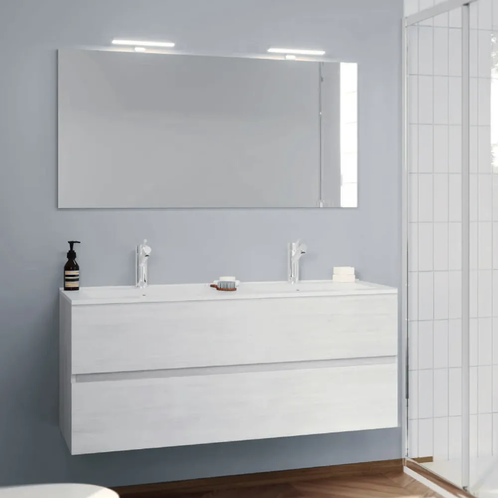 Bathroom cabinet double ceramic sink, mirror and lamps, 120 cm, Melkwit Oak color - Cubi&Co Symmetry Classic 5 model
