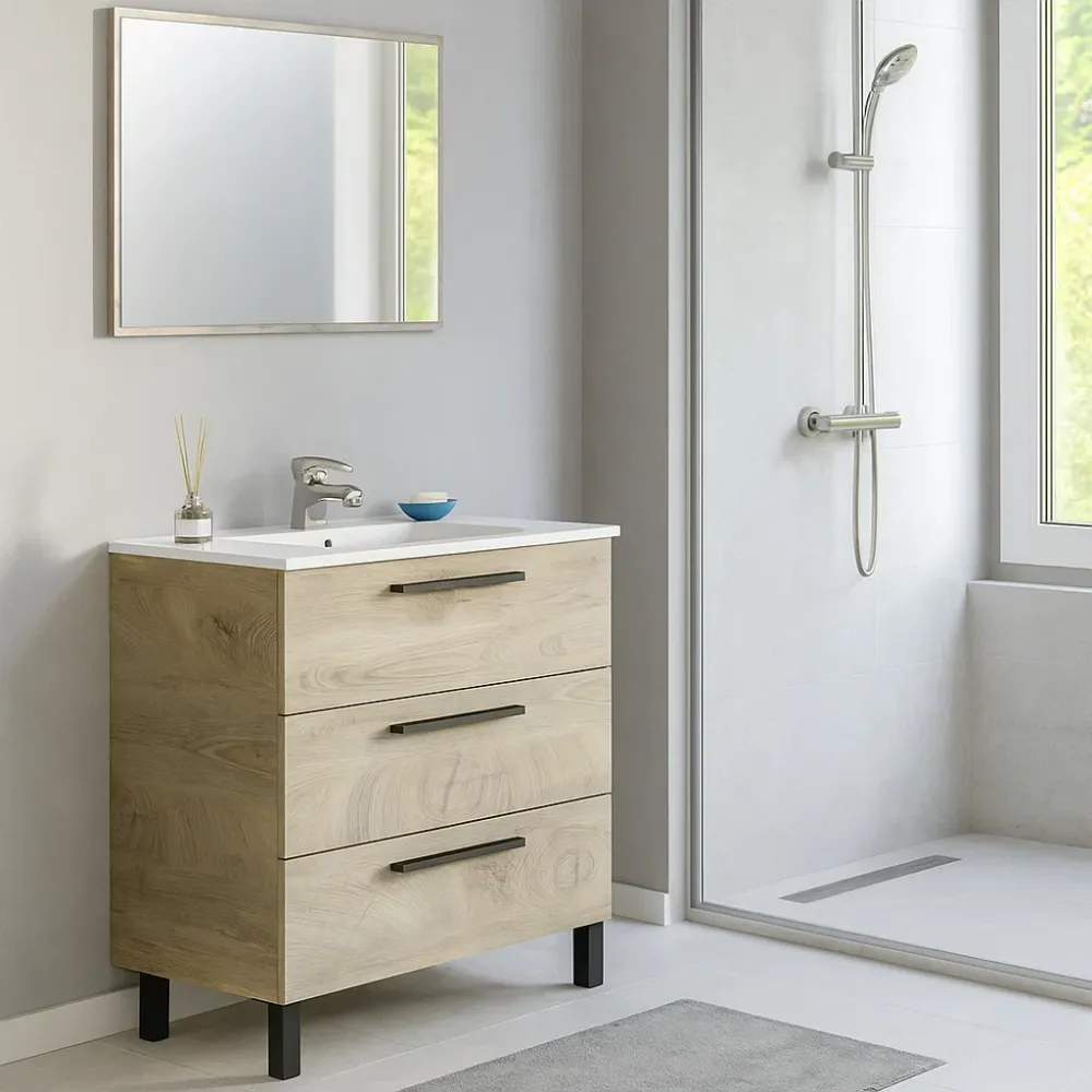 Bathroom cabinet Line complete sink and mirror Alaska Eiken color 80 cm