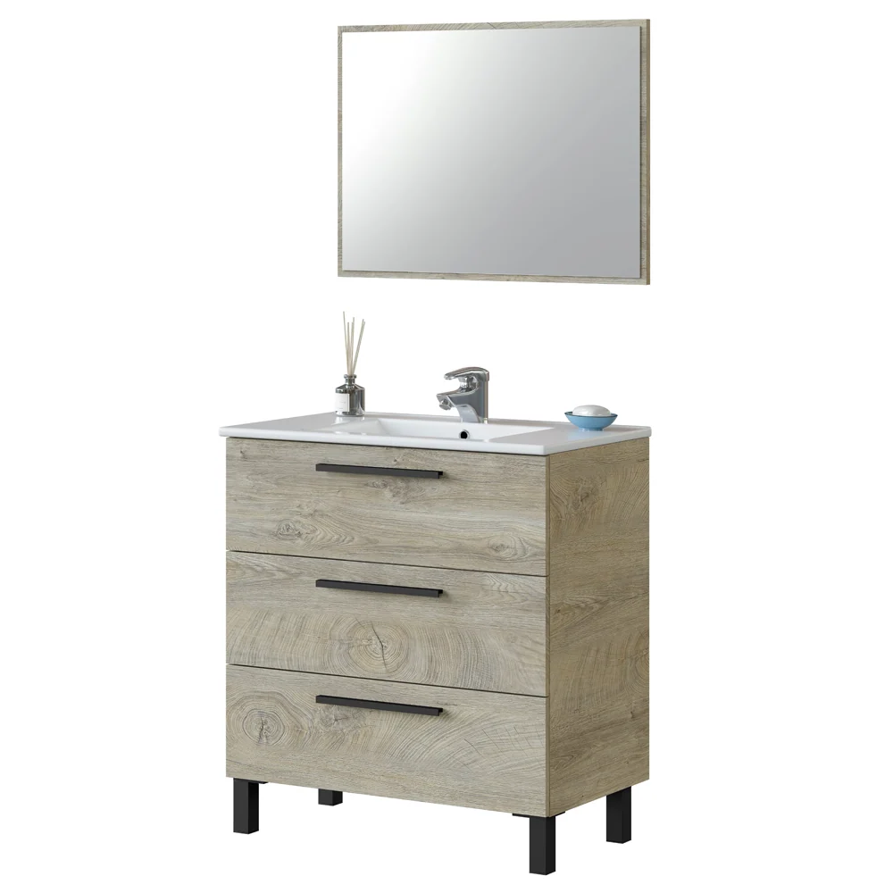 Bathroom cabinet Line complete sink and mirror Alaska Eiken color 80 cm