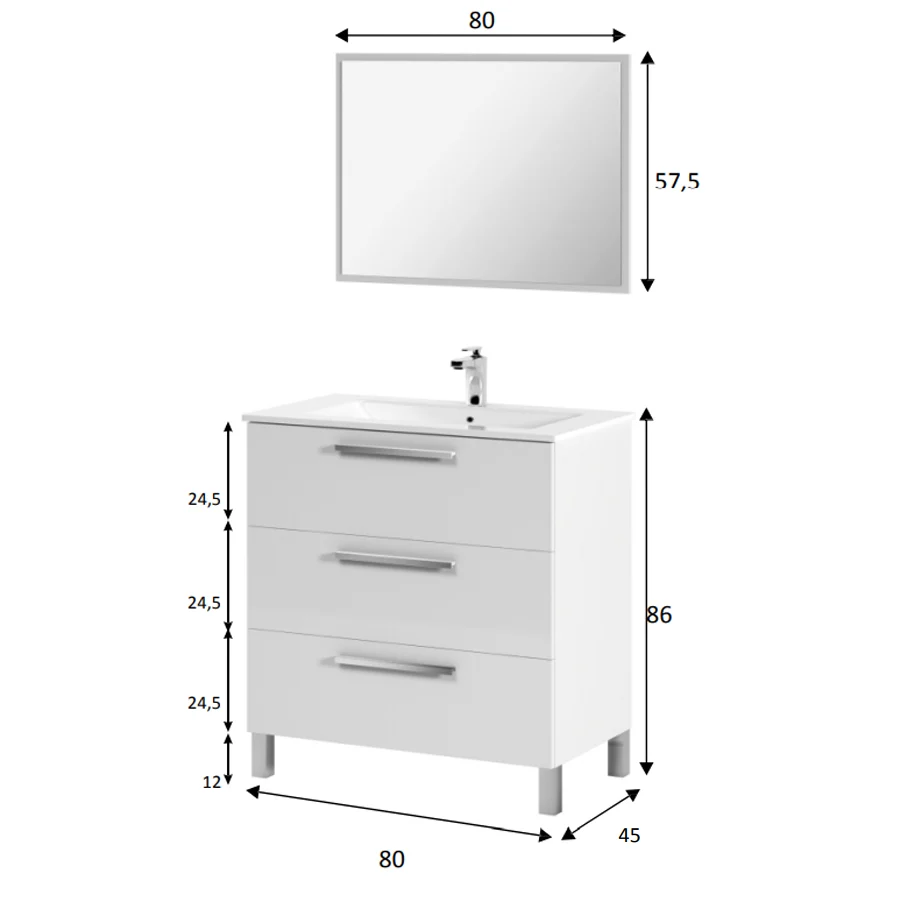 Bathroom cabinet Line complete sink and mirror Alaska Eiken color 80 cm