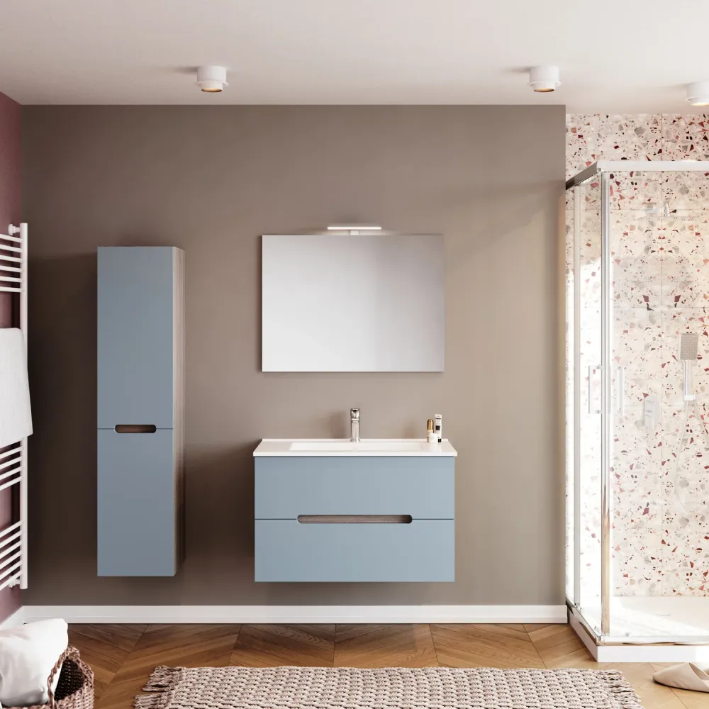 Bathroom cabinet sink and mirror Cubi&Co Fluid 2 - Smoke Oak/Pastel Matte Blauw