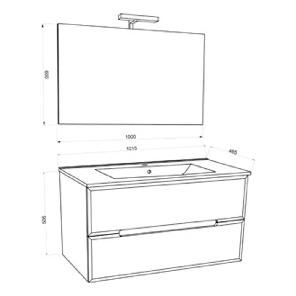 Bathroom cabinet two drawers ceramic sink, mirror, and lamp 100 cm Gedempt White - Cubi&Co Fluid 3 model