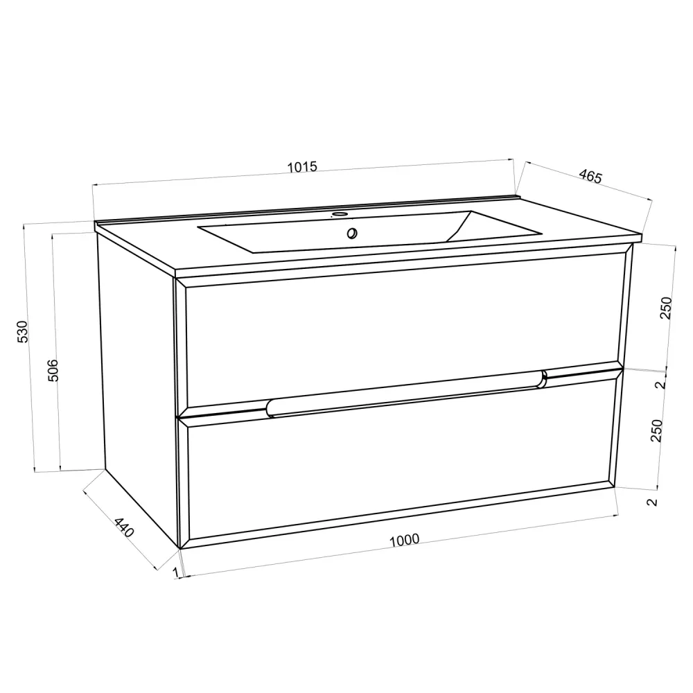 Bathroom cabinet two drawers ceramic sink, mirror, and lamp 100 cm Gedempt White - Cubi&Co Fluid 3 model
