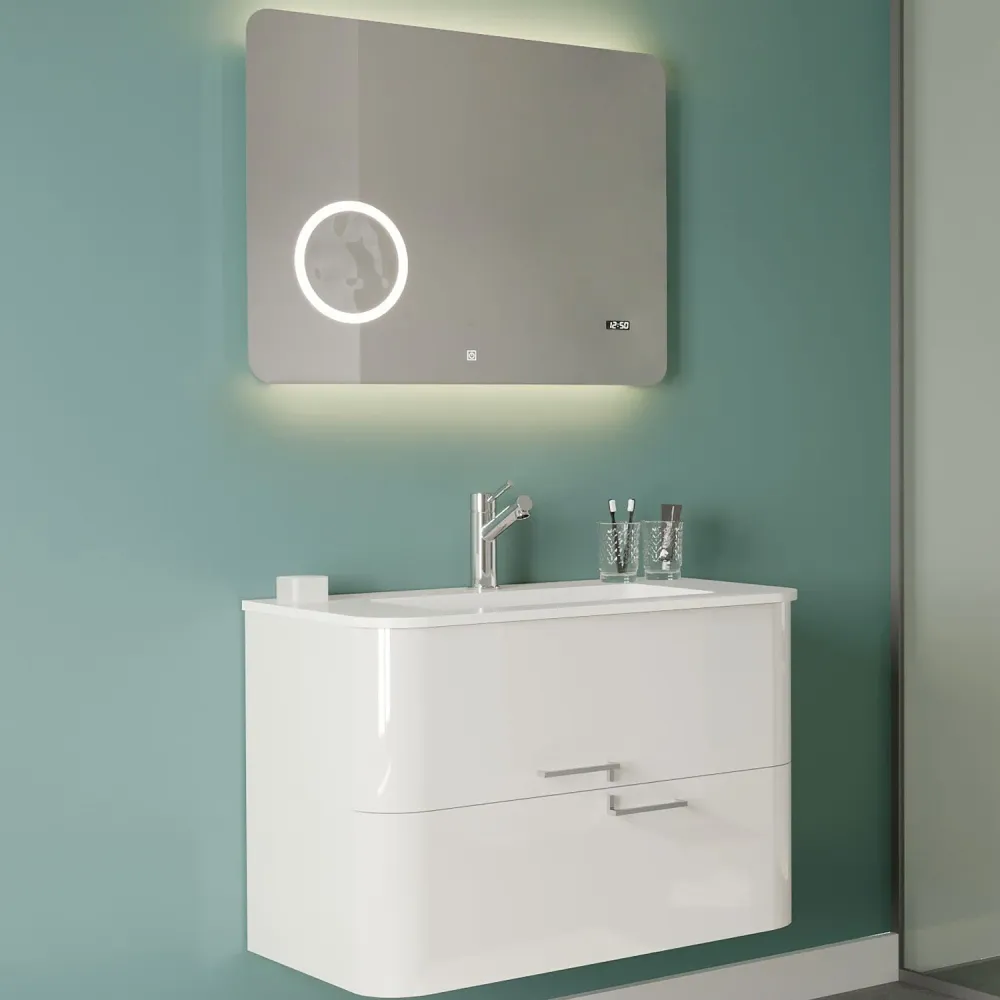 Bathroom cabinet two drawers resin sink, mirror and lamp cm 80 - Cubi&Co Mood 2 Glossy Sneeuwwit model