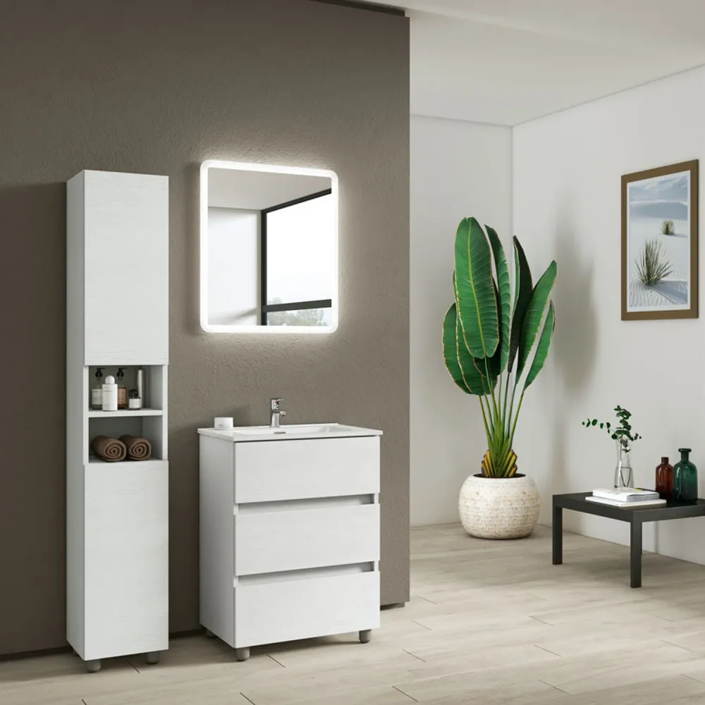 Bathroom composition sink, backlit mirror, and column model KoraXL02 90 cm Parelmoer Ash