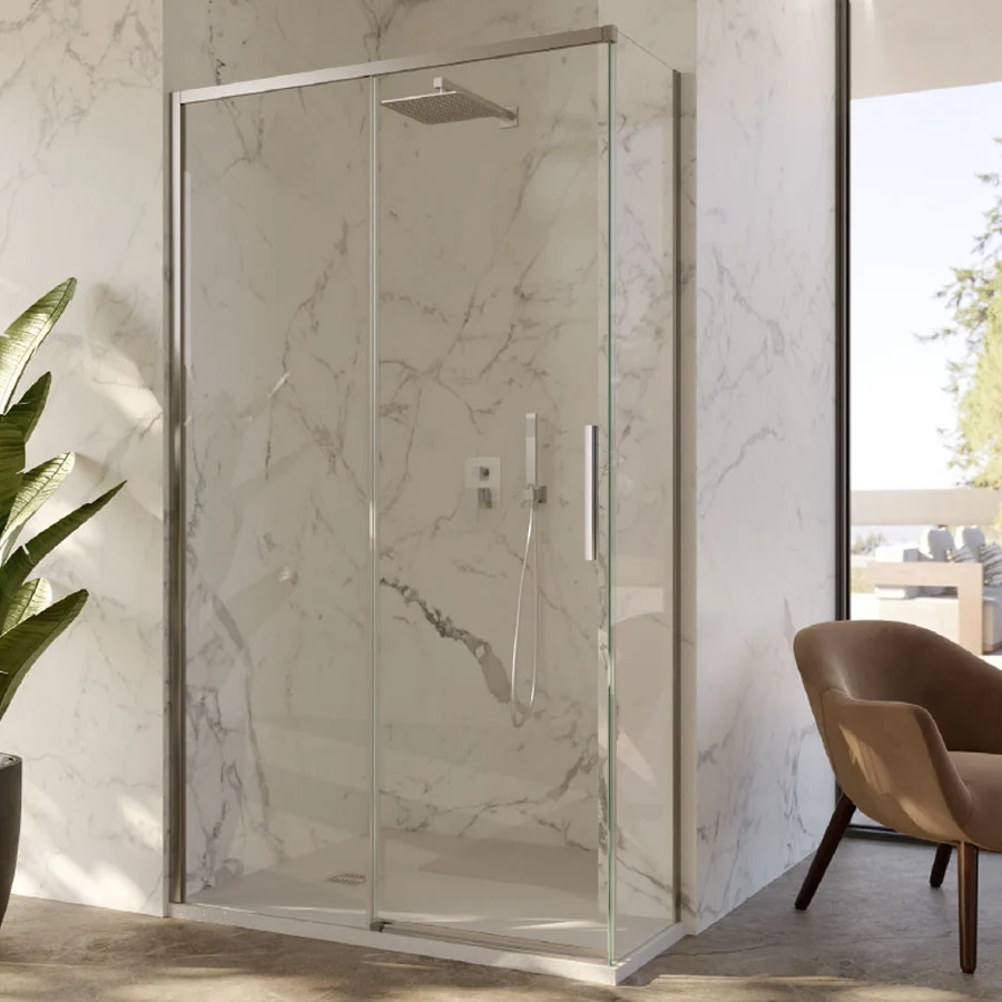 Corner shower enclosure 80x90 fixed side and sliding door 6 mm crystal and bright chroom profile Left version