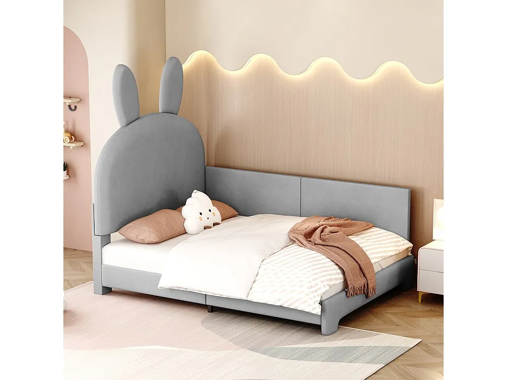 Gestoffeerd bed 90 x 200 cm met hoofdeinde en zijbescherming - fluweel - konijnvorm - grijze kleur