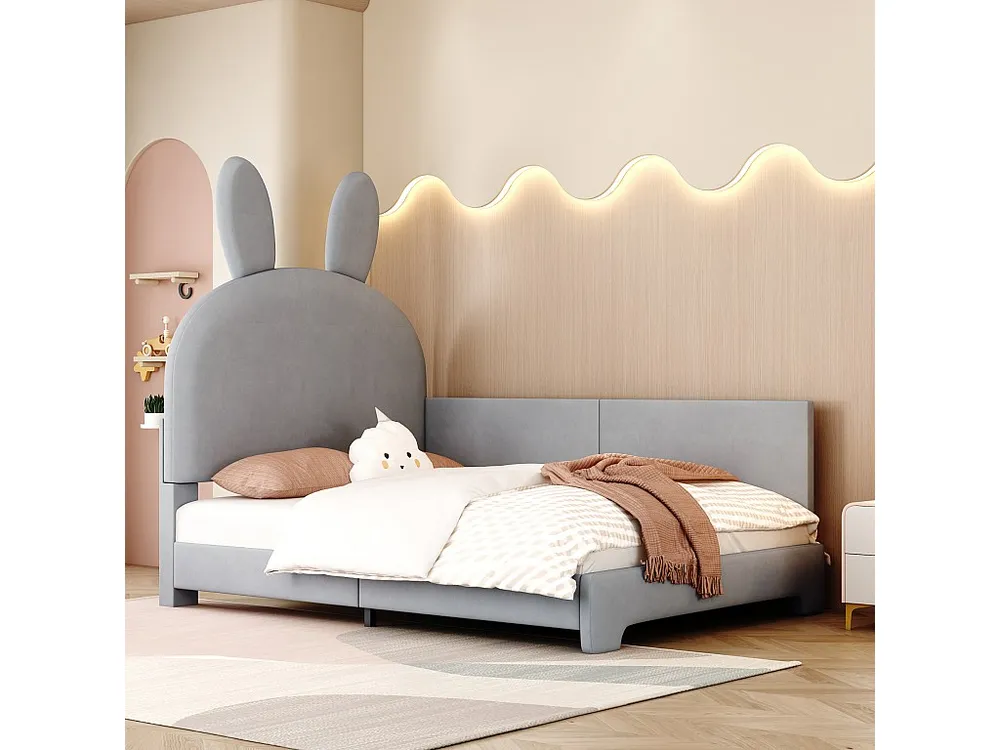 Gestoffeerd bed 90 x 200 cm met hoofdeinde en zijbescherming - fluweel - konijnvorm - grijze kleur
