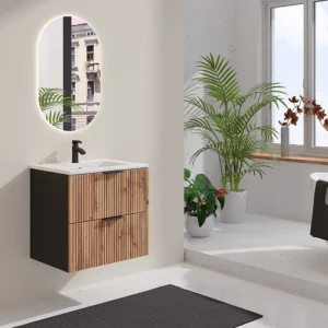 Gestreept hangend meubel onder wastafel, zacht naturel en zwart, 60 cm, MADELA