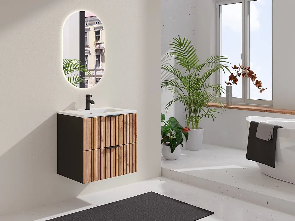 Gestreept hangend meubel onder wastafel, zacht naturel en zwart, 60 cm, MADELA