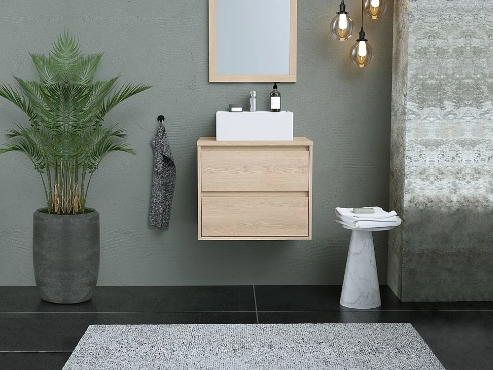 Hangmeubel voor badkamer met eikenfineer met wastafel om erop te positioneren, 60 cm, MILIPAM
