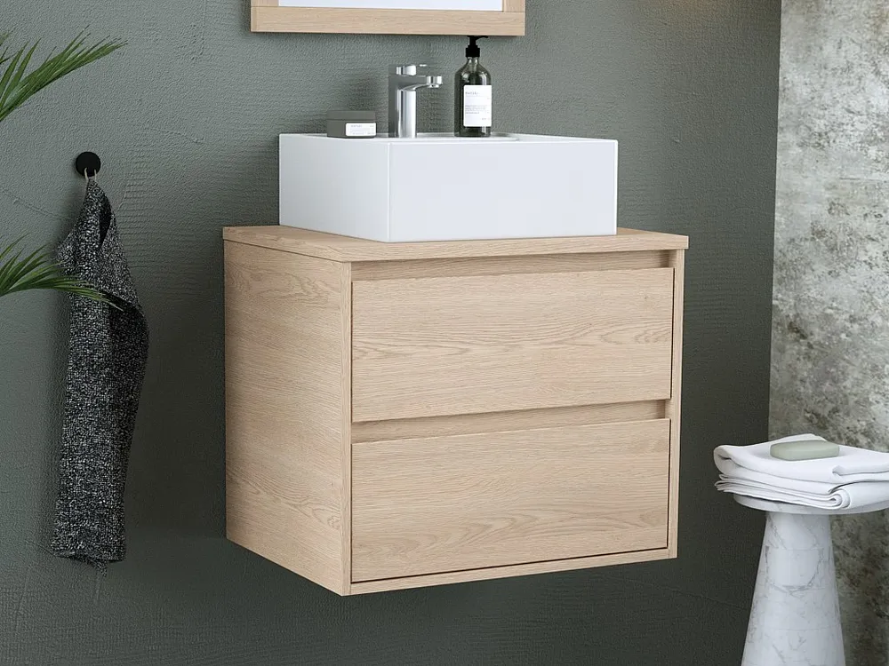 Hangmeubel voor badkamer met eikenfineer met wastafel om erop te positioneren, 60 cm, MILIPAM