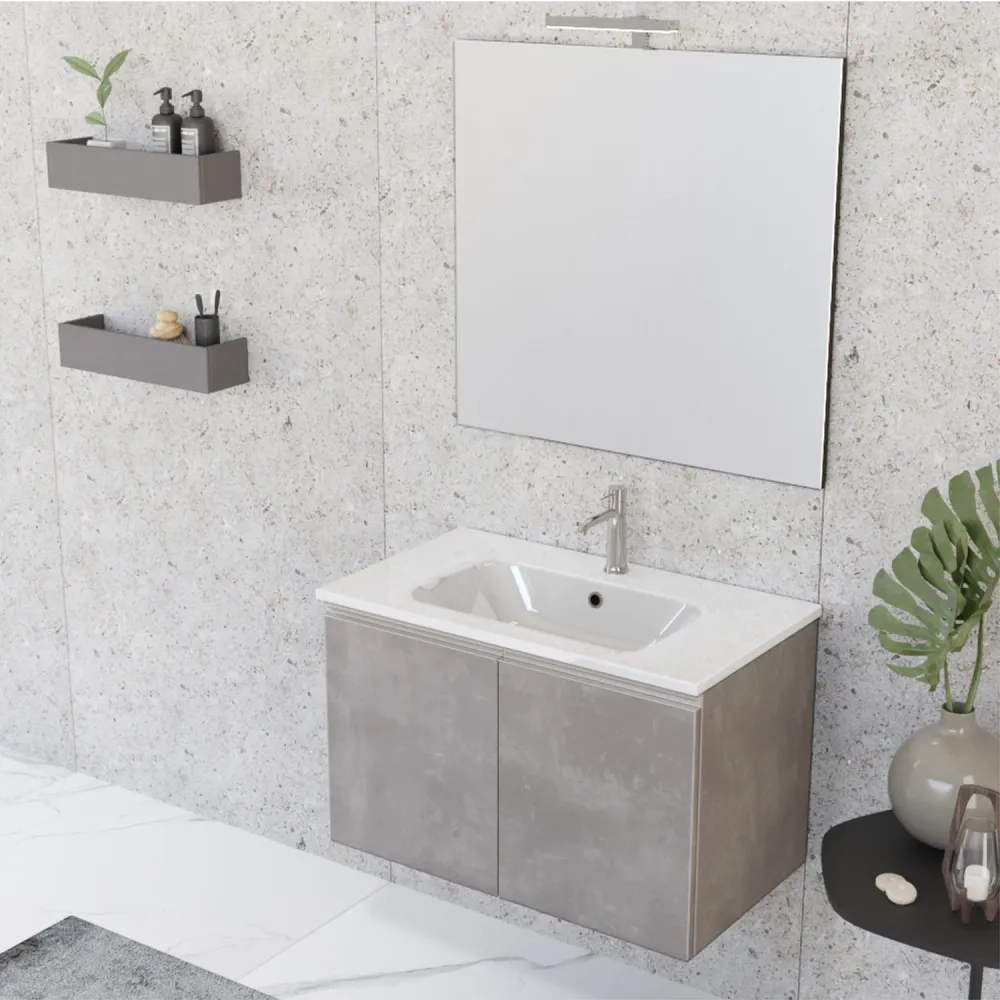 Nexu wall-mounted bathroom composition 2 doors sink mirror LED lamp 80x50 cm warm gray