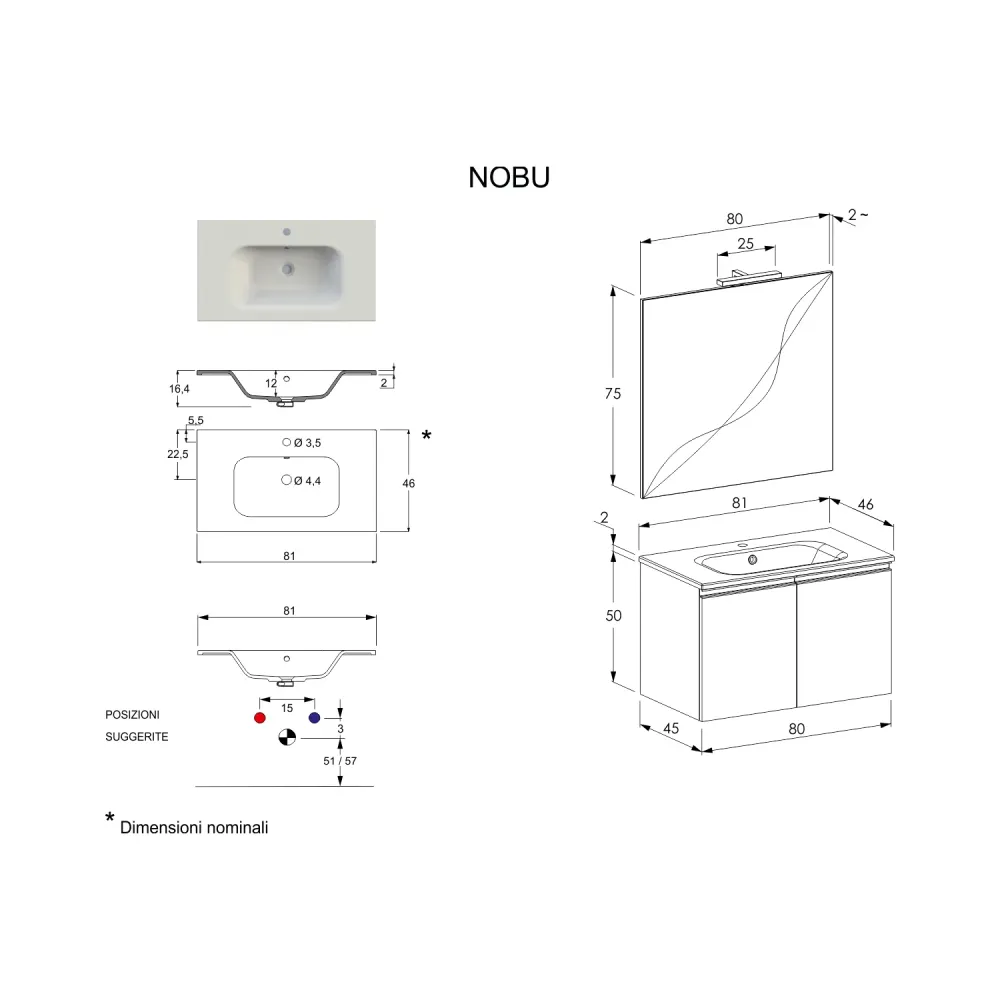 Nexu wall-mounted bathroom composition 2 doors sink mirror LED lamp 80x50 cm warm gray