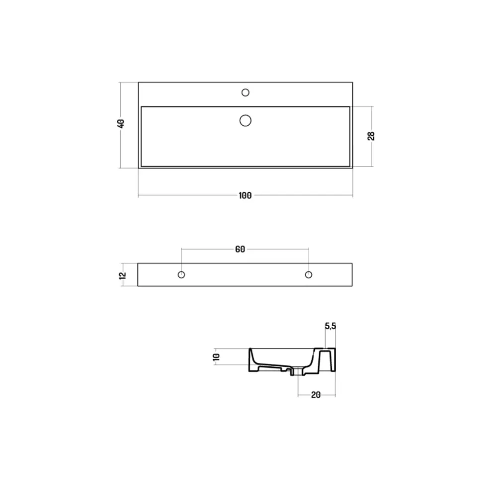 Rectangular countertop or wall-mounted sink glossy white van keramiek 100x40 cm hole faucet Disegno-Ceramica