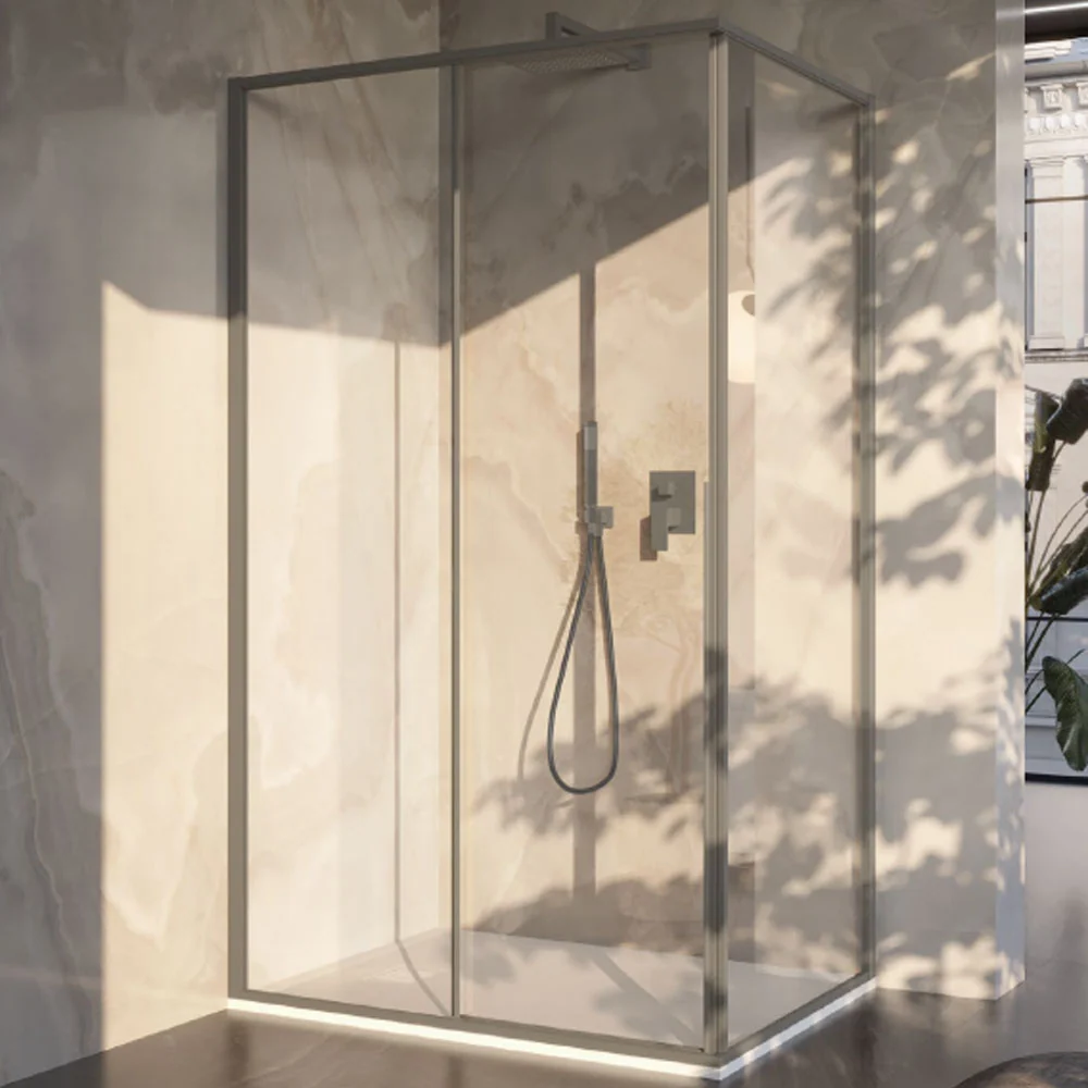 Rectangular shower enclosure 80x110 6 mm crystal and minimal lichtmetaal profile Taupe color. Left version