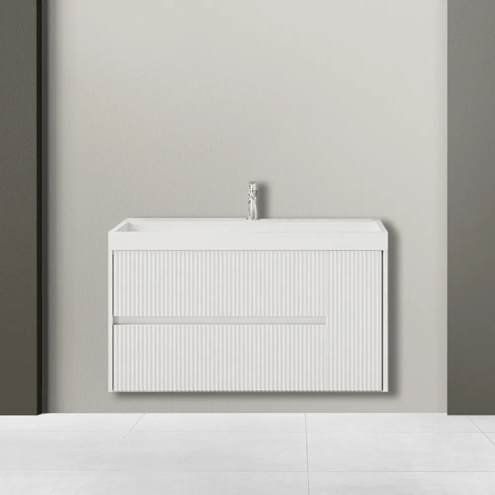Ribbed bathroom cabinet Cubi&Co Pure model wall-mounted 100 cm sink - Matte sneeuwwit