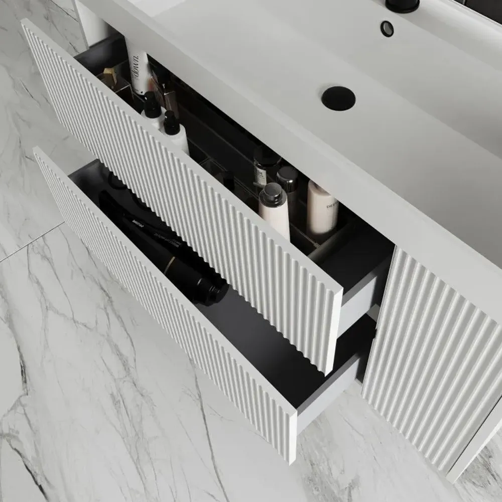 Ribbed bathroom cabinet Cubi&Co Pure model wall-mounted 100 cm sink - Matte sneeuwwit