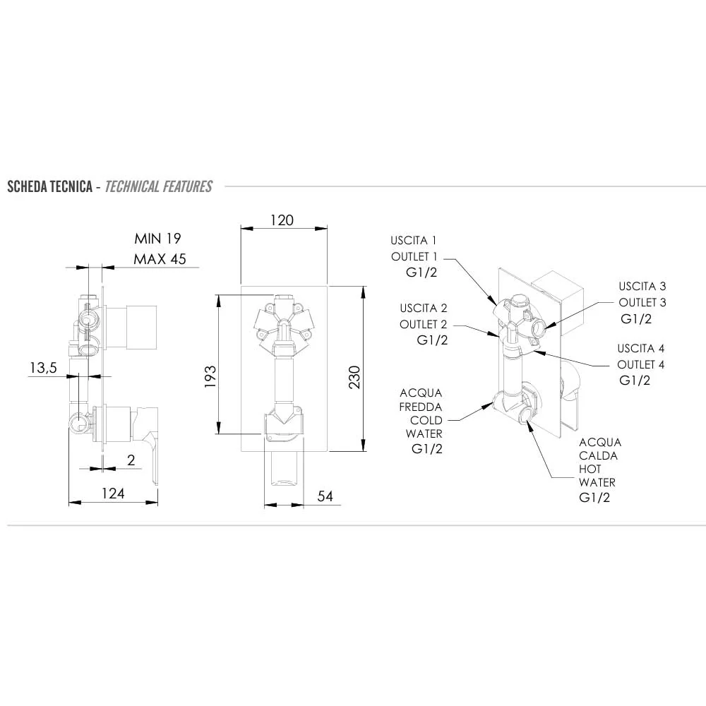 Single-lever shower mixer 4-way diverter complete built- body and luxe rectangular plate Energy collection Remer Rubinetterie