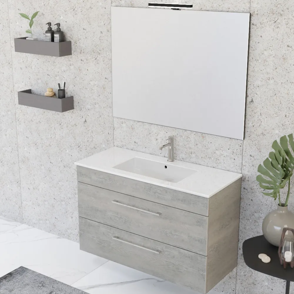 Smack suspended bathroom composition 2 drawers 100x62 sink, mirror LED lamp cement wood