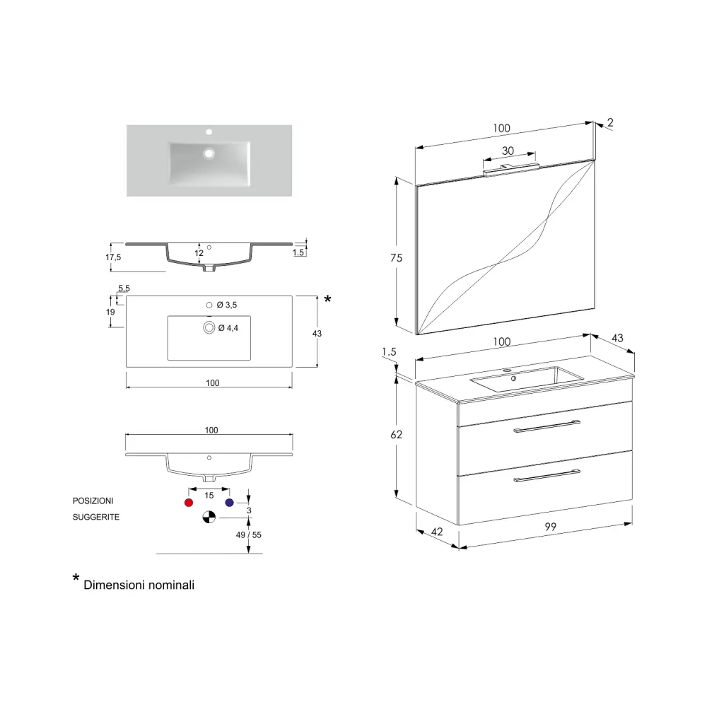 Smack suspended bathroom composition 2 drawers 100x62 sink, mirror LED lamp cement wood