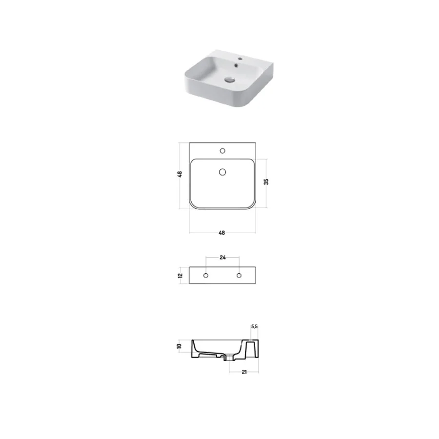 Square countertop or wall-mounted sink glossy white ceramic 48x48cm Fijn series Ceramic design