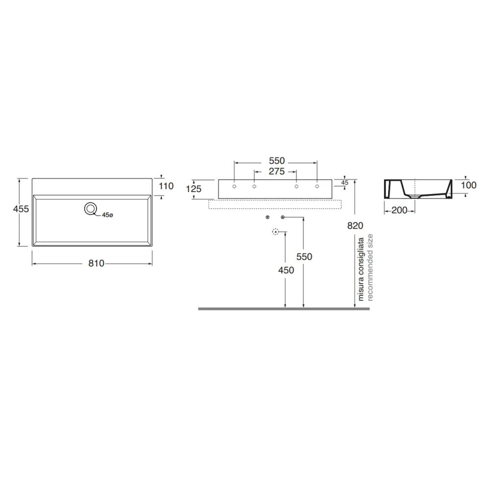 Square countertop/wall-mounted sink Ceramica Azzurra Elegance 81x45 cm without faucet hole - Glad white