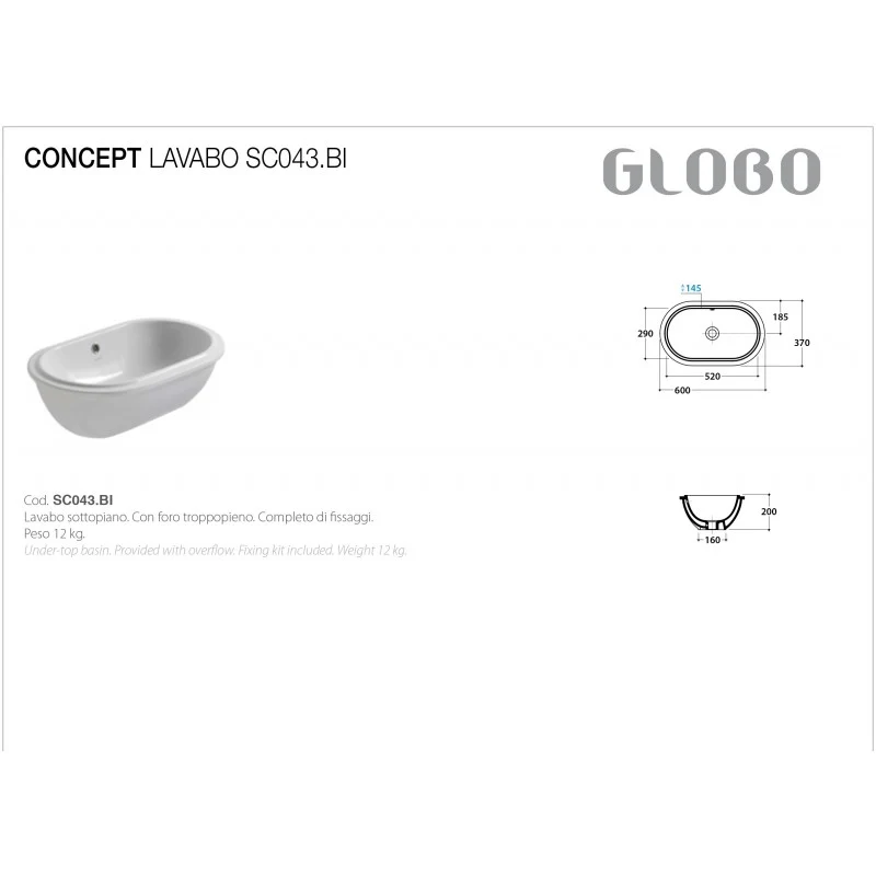 Undermount Sink Porselein Globo Forty3 60x37 SC043.BI