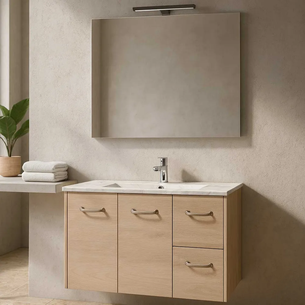 Wall-mounted bathroom cabinet base, sink, and mirror LED model Elisa 85 - Sneeuwwit Elm