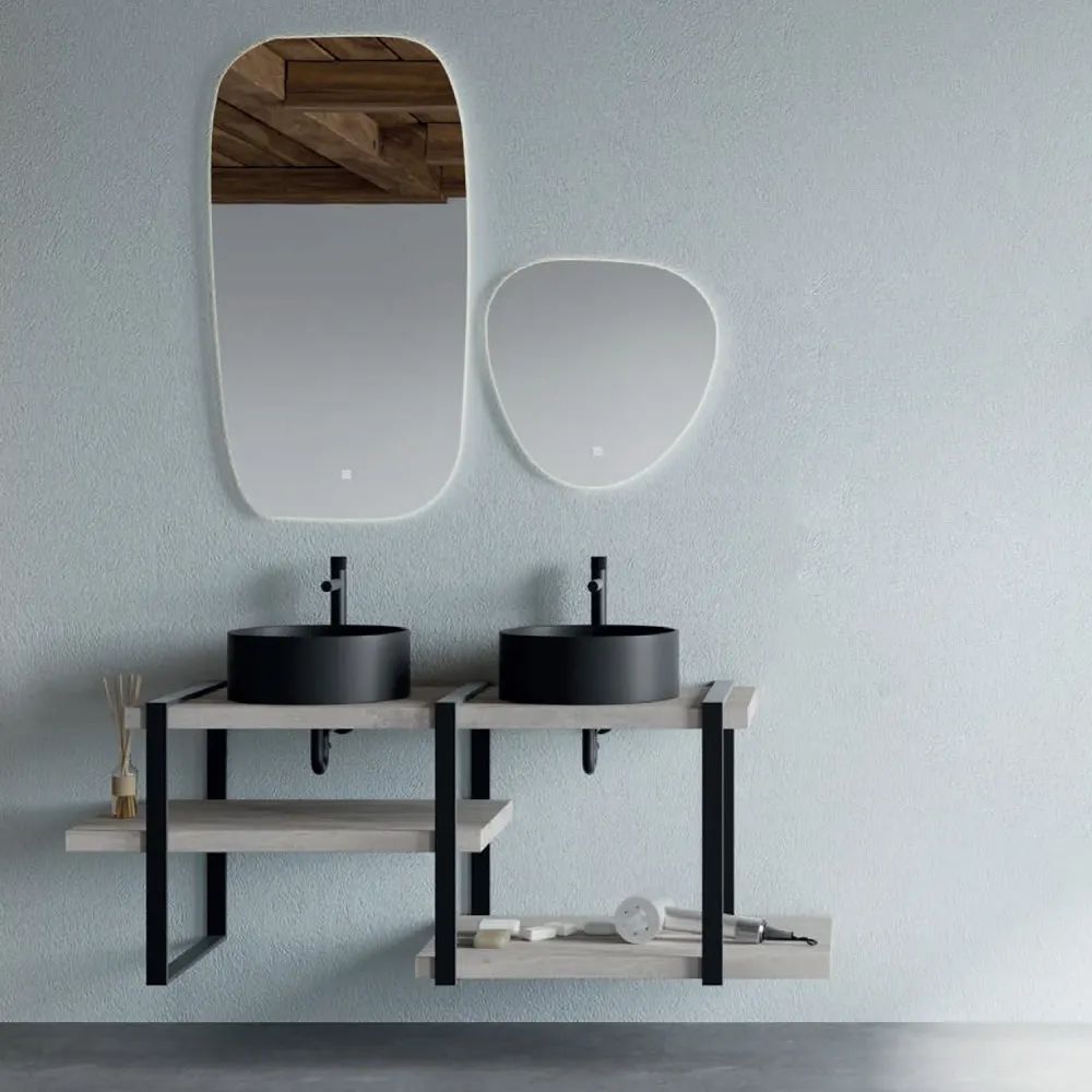 Wall-mounted bathroom mobile dubbel countertop sink matte black and LED mirror beton shelves Cubi&Co Destiny 10